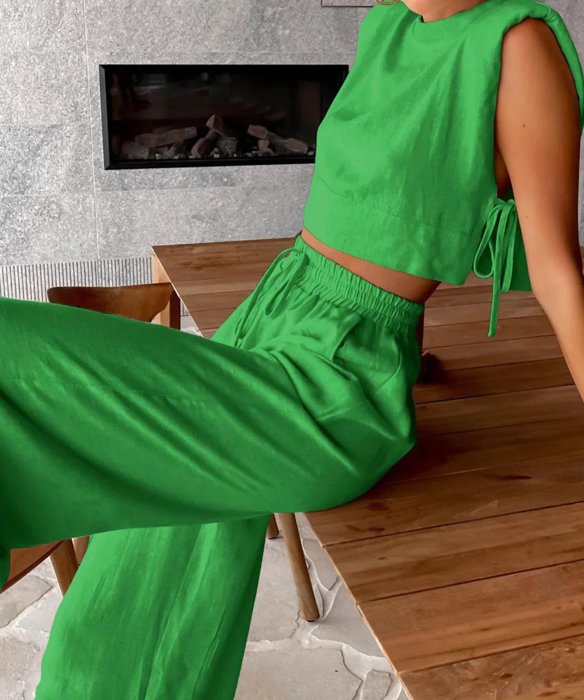 Bárbara - Conjunto Útil de Lino de dos Piezas con Pantalón de Pierna Ancha