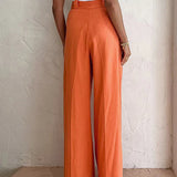 Olivia - Pantalón Ancho de Lino y Algodón en Naranja Intenso