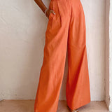 Olivia - Pantalón Ancho de Lino y Algodón en Naranja Intenso