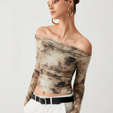 Estrella - Crop Top de Tul Terracota con Hombros Descubiertos