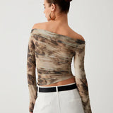 Estrella - Crop Top de Tul Terracota con Hombros Descubiertos