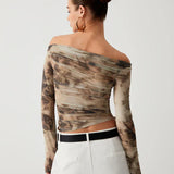 Estrella - Crop Top de Tul Terracota con Hombros Descubiertos