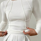 Constanza - Camiseta Básica de Manga Larga con Ribetes