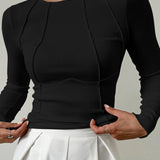 Constanza - Camiseta Básica de Manga Larga con Ribetes