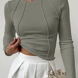 Constanza - Camiseta Básica de Manga Larga con Ribetes